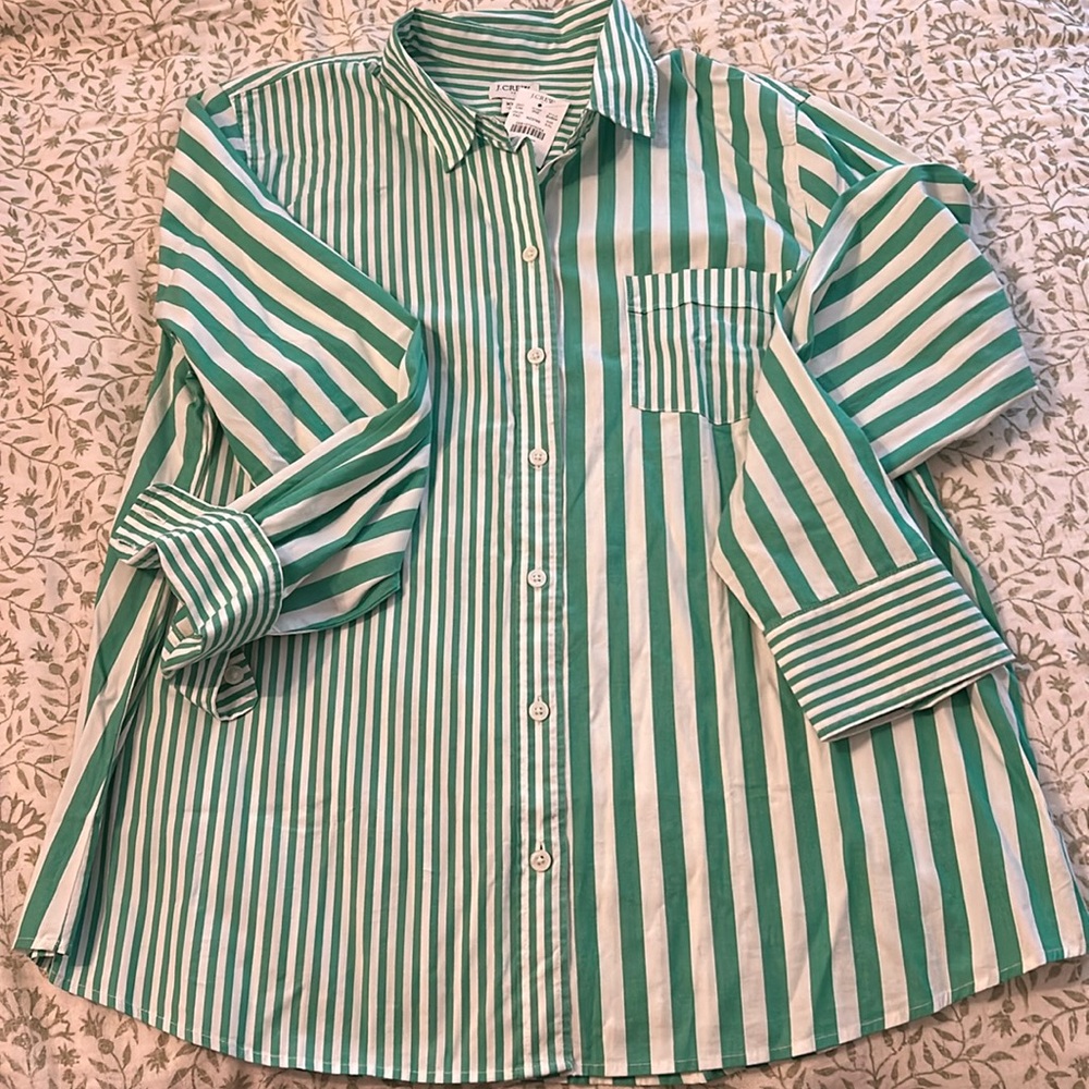 JCrew Green Multi Stripe Green and White Button Down, Size XXL NWT